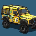 Yellow Custom Off Road Vehicle With Roof Rack Decals And Large Off Road Tires