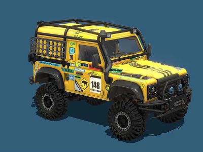 Yellow Custom Off Road Vehicle With Roof Rack Decals And Large Off Road Tires 3d model