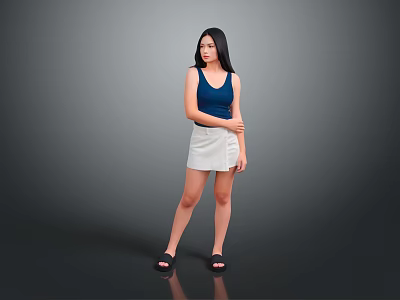 Woman In Blue Tank Top And Beige Skirt Standing With Black Sandals On Gray Background 3d model