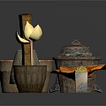 Bamboo And Wooden Kitchen Storage Containers With Beans Shellfish Mushrooms And Skewer