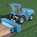Blue Agricultural Farm Equipment With Cabin And Tilling Attachment Working On Green Grassland Field