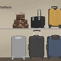 Assorted Colored Suitcases and Bags Displayed on Shelves with Hard Shell and Trolley Wheels