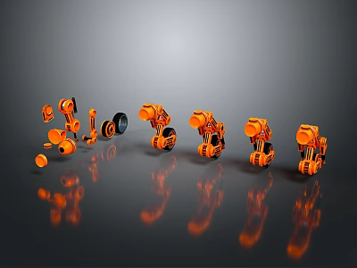 Orange Mechanical Characters and Creatures in Various Poses on Gray Background with Reflections 3d model