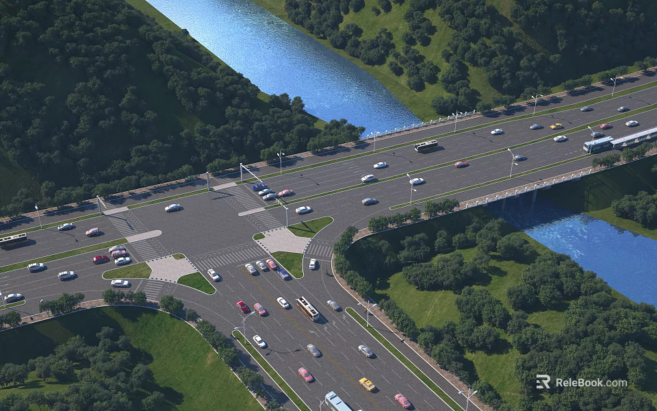 Road Infrastructure With Intersection River Greenery And Vehicles 3d model 