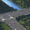Road Infrastructure With Intersection River Greenery And Vehicles 3d model