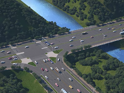 Road Infrastructure With Intersection River Greenery And Vehicles 3d model