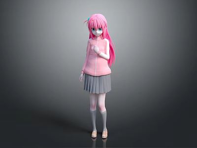 Anime Game Character With Pink Long Hair Blue Eyes Pink Hoodie And Gray Pleated Skirt 3d model