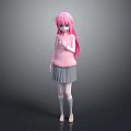 Anime Game Character With Pink Long Hair Blue Eyes Pink Hoodie And Gray Pleated Skirt