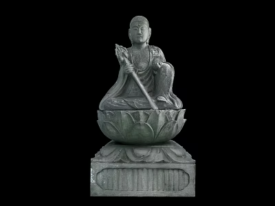 Seated Buddha Stone Sculpture With Lotus Base Holding Staff And Detailed Pedestal 3d model