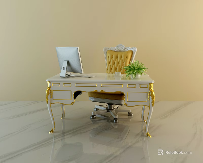 Elegant White Gold Accented Office Desk With Computer Monitor Green Plant And Tufted Yellow Chair 3d model 