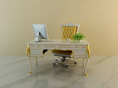 Elegant White Gold Accented Office Desk With Computer Monitor Green Plant And Tufted Yellow Chair 3d model