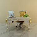 Elegant White Gold Accented Office Desk With Computer Monitor Green Plant And Tufted Yellow Chair