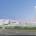 Modern Commercial Complex with Contemporary Architectural Design Glass Curtain Walls and Lush Green Surroundings