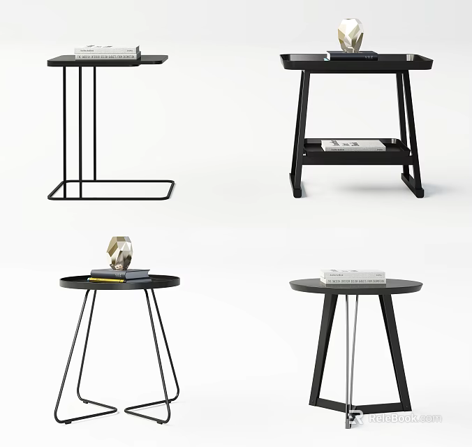 Modern Black Side Tables with Various Metal Frame Designs and Functional Tabletops 3d model