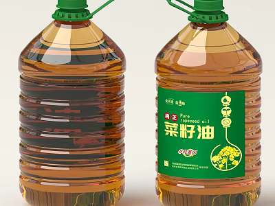 Two Rapeseed Oil Bottles With Green Caps Transparent Body And Brown Liquid 3d model