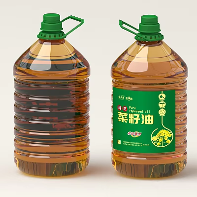 Two Rapeseed Oil Bottles With Green Caps Transparent Body And Brown Liquid 3d model