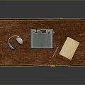 Classic Wooden Desk With Vintage Radio Headphones Notebook Pen And Storage Drawers