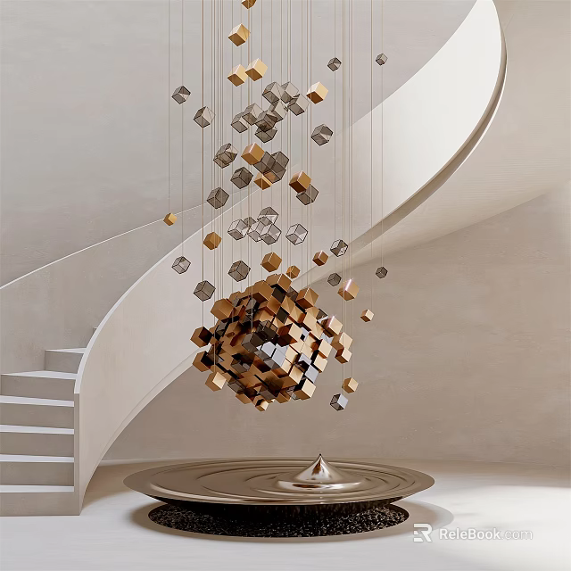 Modern Interior Hanging Decoration With Gold Silver Cubes Near Spiral Staircase 3d model 