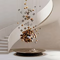 Modern Interior Hanging Decoration With Gold Silver Cubes Near Spiral Staircase