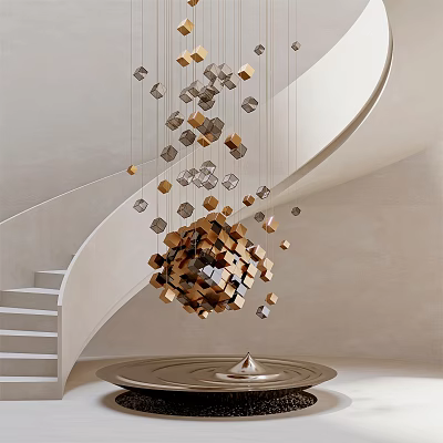 Modern Interior Hanging Decoration With Gold Silver Cubes Near Spiral Staircase 3d model
