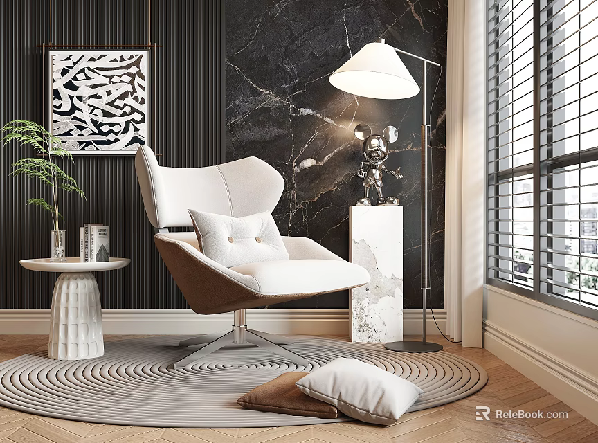Elegant Modern Accent Chair With Floor Lamp Marble Side Table And Geometric Rug 3d model 