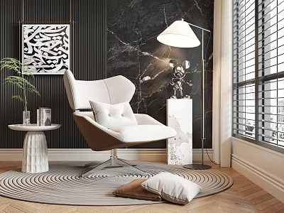 Elegant Modern Accent Chair With Floor Lamp Marble Side Table And Geometric Rug 3d model