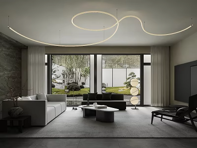 Modern Living Room Interior Design With Curved Pendant Lights Large Windows And Green View 3d model