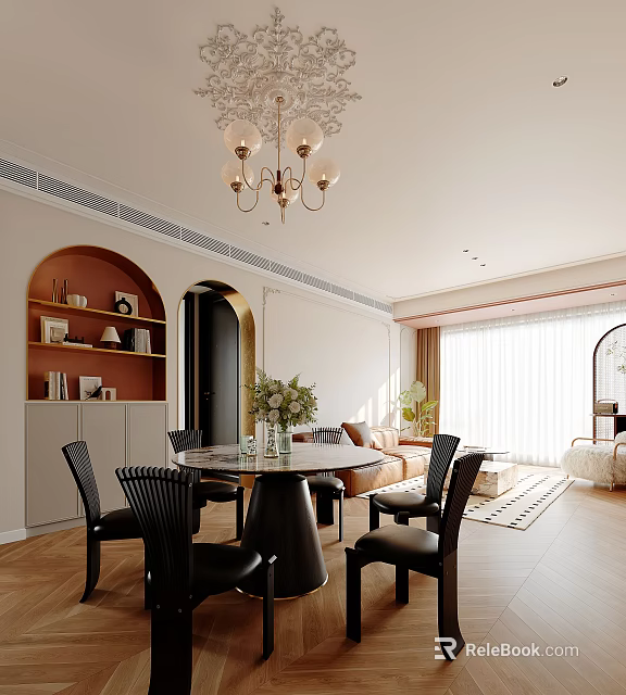Elegant Dining Living Room Interior With Chandelier Dining Table Sofa And Green Plants 3d model