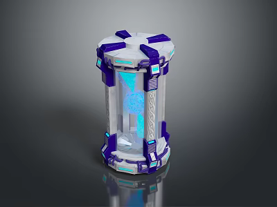 Futuristic Tech Scenery Featuring Transparent Container With Blue Purple Structure And Reflective Base 3d model
