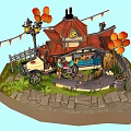 Cartoon Scene Featuring Red Roof House Vintage Car Toy Bear Balloons And Clock