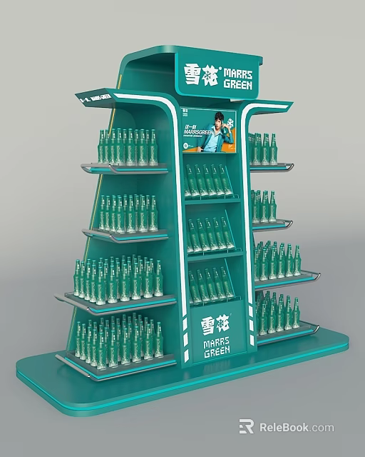 Snow Beer Green Display Rack With Multiple Shelves And Advertisement Figure 3d model