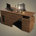 Curved Wooden Office Desk With Drawers Computer Monitor Keyboard Lamp And Black Chair