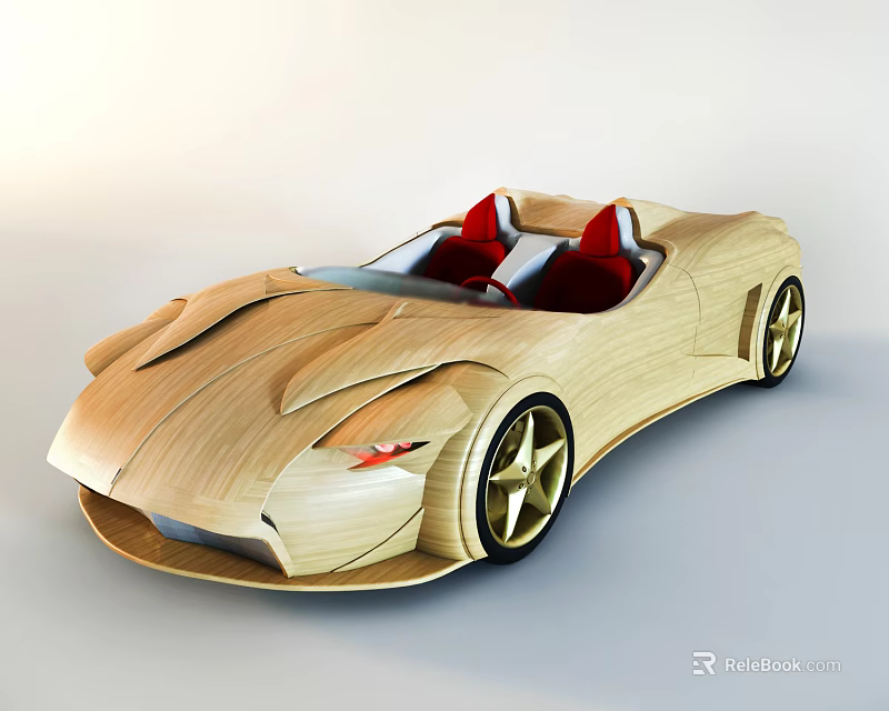 Stunning Wooden Convertible Sports Car with Red Seats and Gold Wheels 3d model 