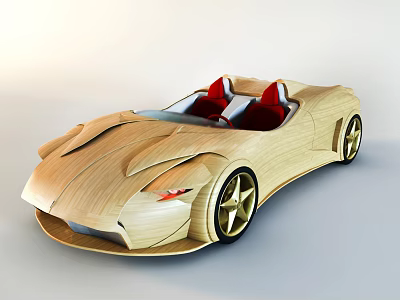 Stunning Wooden Convertible Sports Car with Red Seats and Gold Wheels 3d model