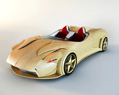 Stunning Wooden Convertible Sports Car with Red Seats and Gold Wheels 3d model