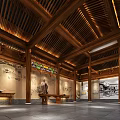 Traditional Chinese Exhibition Hall With Wooden Roof Carved Decorations Traditional Murals And Long Tables