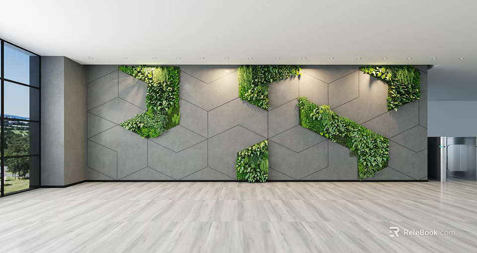 Modern Indoor Living Plant Wall Design With Geometric Gray Wall And Lush Green Foliage 3d model 