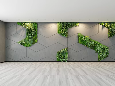 Modern Indoor Living Plant Wall Design With Geometric Gray Wall And Lush Green Foliage 3d model