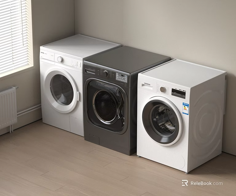 Three White and Gray Washing Machines Side by Side in Room With Window Wooden Floor 3d model 