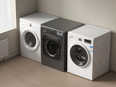 Three White and Gray Washing Machines Side by Side in Room With Window Wooden Floor 3d model