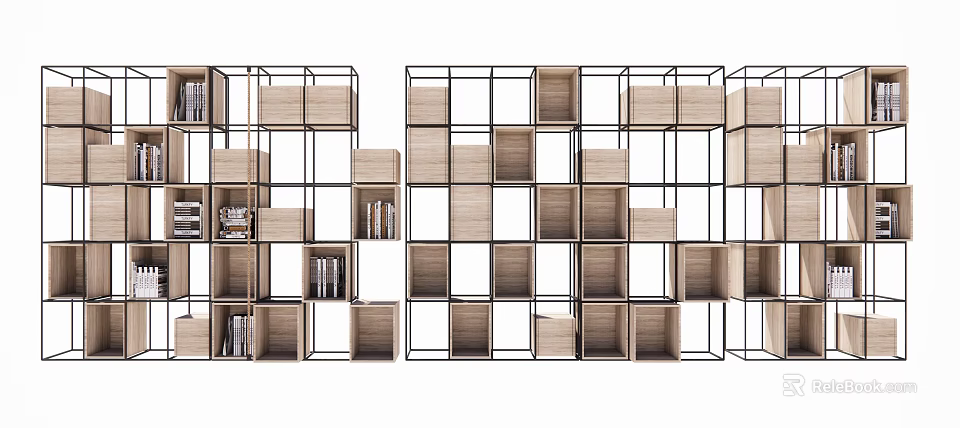 Modern Decorative Cabinet with Metal Frame and Wooden Open Storage Shelves 3d model 