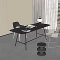 Modern Black Desk With Table Lamp Books Two Chairs And Small Stool By Window