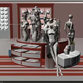 Clothing Store Interior Design With Mannequins Round Display Tables And Red White Decor