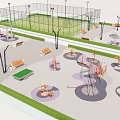Outdoor Sports Equipment In Public Fitness Area With Tennis Court Benches And Green Spaces