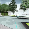 Modern Garden Landscape With Gray Walls Paved Ground Green Lawn Trees And Blue Art Installations