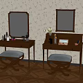 Classic Wooden Dressing Tables With Mirrors Stools And Cosmetics On Wallpaper Background