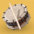 Classic Double Layered Drum With Leather Drumhead Wooden Drumstick And Yellow Background