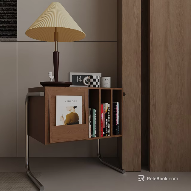Modern Side Table With Wooden Top Metal Frame Lamp Books And Decorative Items 3d model 