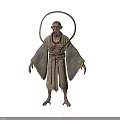 Bald Mystical Figure With Halo Tattered Robe Necklace And Barefoot Appearance