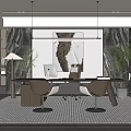 Modern Office Interior Design With Desk Chair Plants And Decorative Painting
